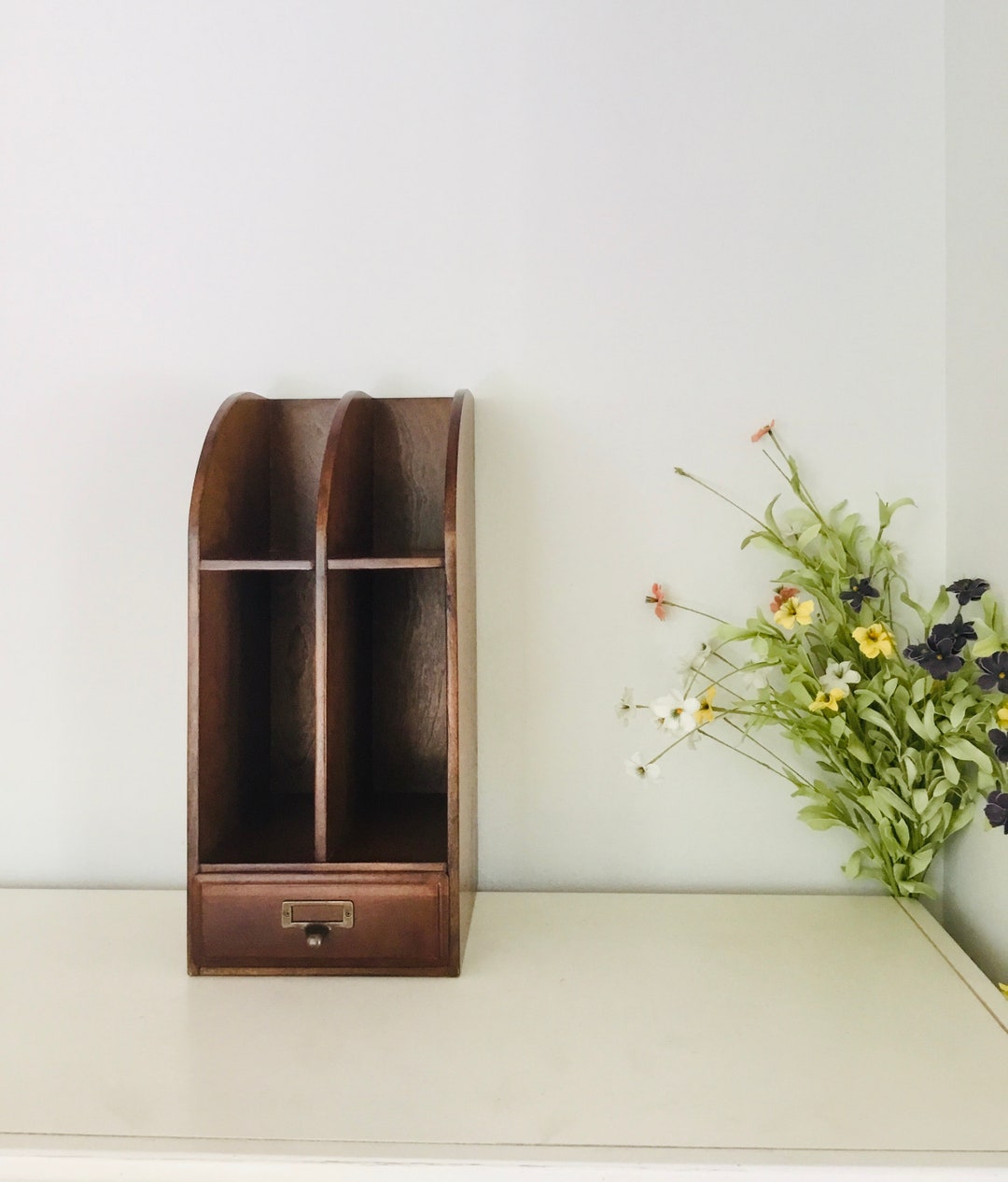 Vintage Wood Desktop File Box With Drawer Etsy