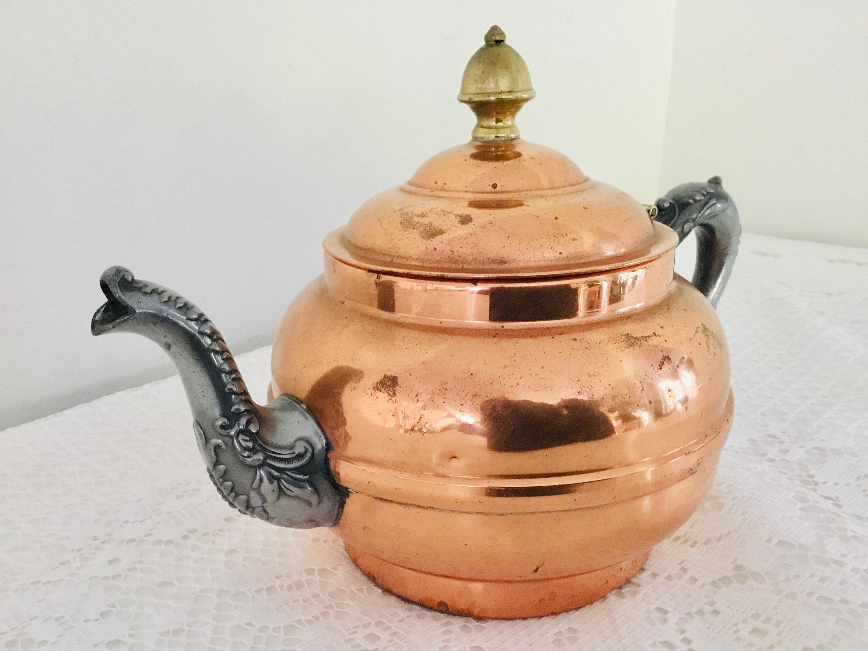 Copper Antique Tea Kettle, Pewter & Brass Mounts, Rochester
