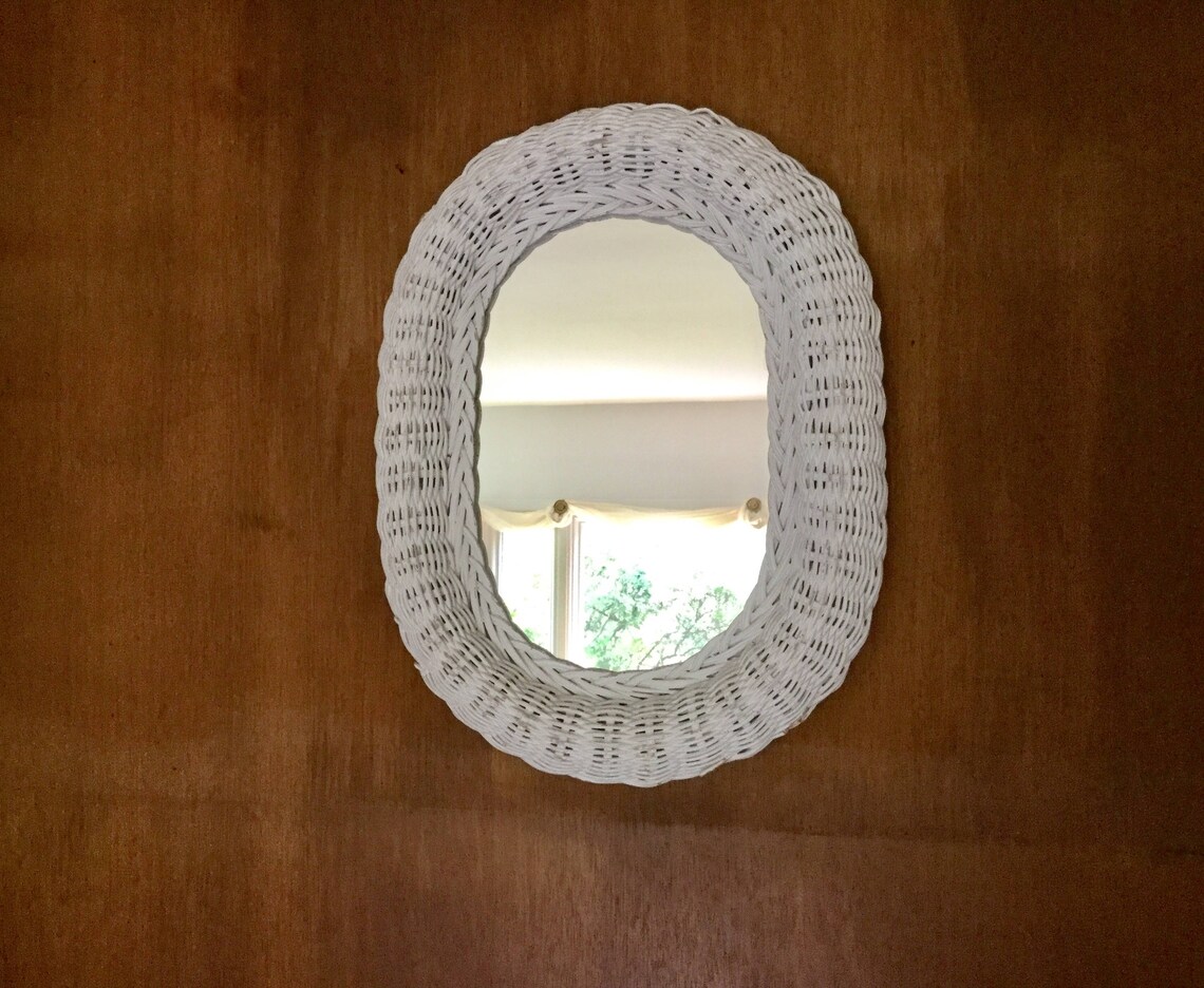 Vintage White Oval Wicker Mirror Wall Mirror Woven Framed Etsy