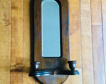 Vintage Wooden Wall Sconce 2 Candle Holders With Mirror Farmhouse Cabin Decor