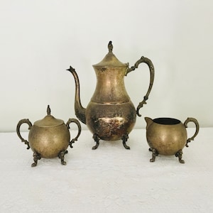 Antique Silver Plated 3 Piece Coffee Set Coffee Pot, Creamer, Sugar Bowl and Lid