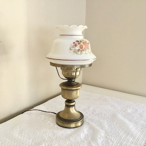 Vintage Hobnail Floral Print White Glass Brass Hurricane Table Lamp