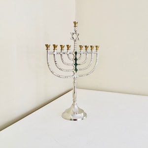 Vintage Crome Candelabra Menorah Brass Candle Holder Jewish Hanukkah Silver Tone