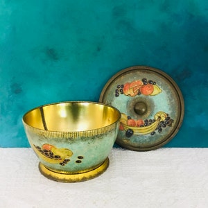 Vintage Round Footed Metal Tin Storage Container with Lid Fruit Design, Home decor