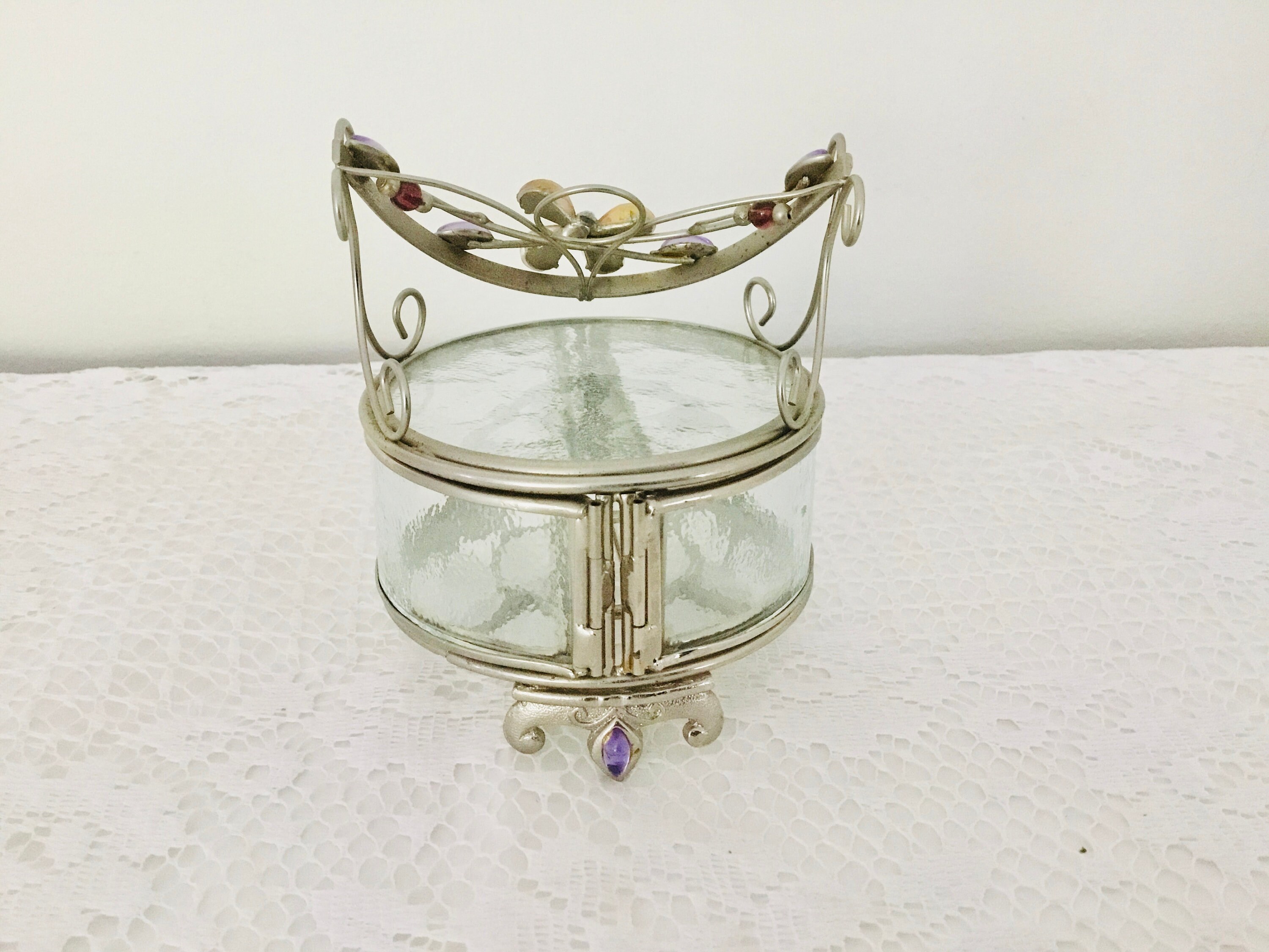 Small Round Glass Jewelry / Trinket Box Flowers Purple Beads Etsy