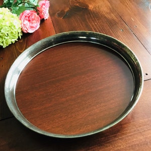 Vintage Round Serving Tray Silver Plate Trim with Formica Wood Grain Surface