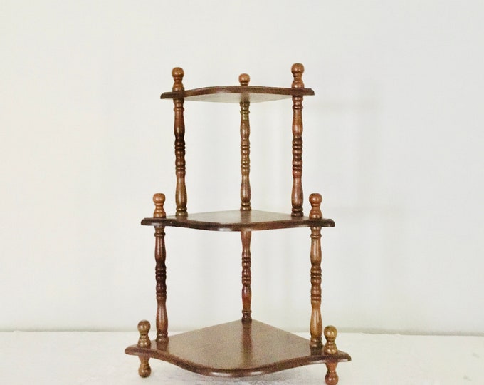Vintage Wood 3 Tier Corner Shelf Knick Knack Curio Wall / Table Top