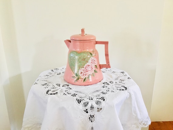 Vintage Hand Painted Tin Pink Tea Kettle Home Decor 