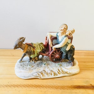 Vintage 1970s Man and Monkey with Donkey Cart Ceramic Figurine