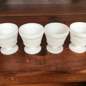 4 Vintage White Milk Glass Grape Leaf Design Footed Ice Cream Dessert Cup Set