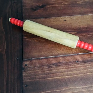 Vintage Wooden Rolling Pin Red Handles 1950s Farmhouse Decor