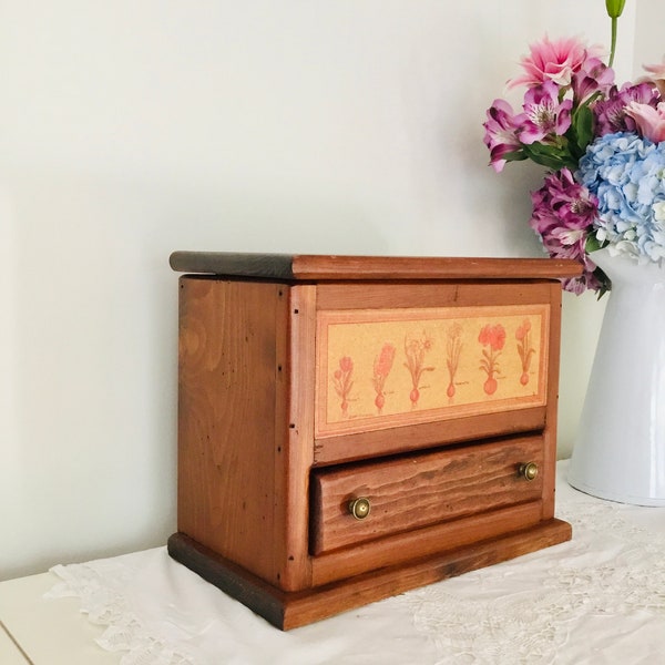 Vintage Recycled Antique Wood Office/Kitchen Storage Chest Box with Open Lid & One Drawer