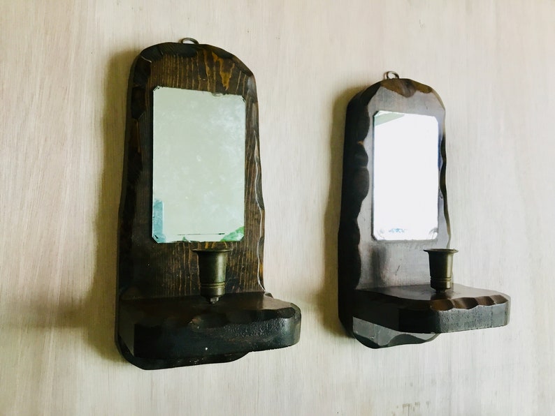 Vintage Solid Dark Brown Wood Set Of 2 Mirrored Candle Holder Wall Sconces Rustic