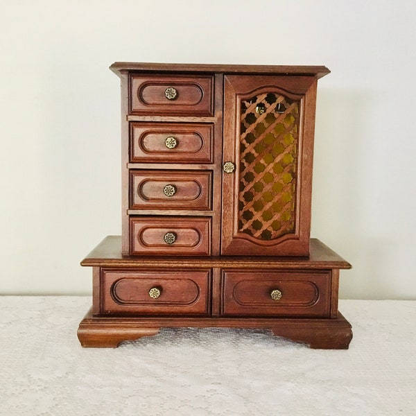 Vintage Wooden Musical Jewelry Box w 6 Drawers and a Tall Side Compartment, Musical Works