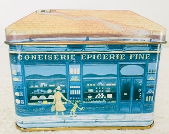 Vintage Coneiserie Epicerie fine antique shop house shaped Tin Box