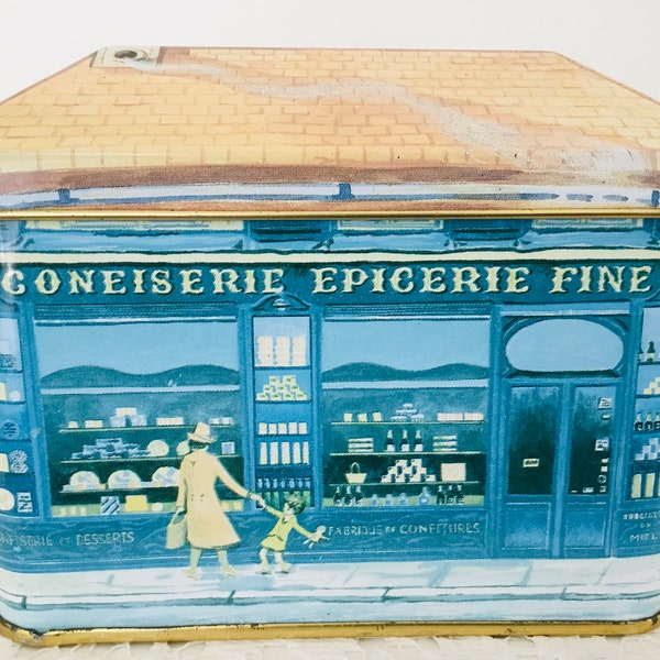 Vintage Coneiserie Epicerie fine antique shop house shaped Tin Box