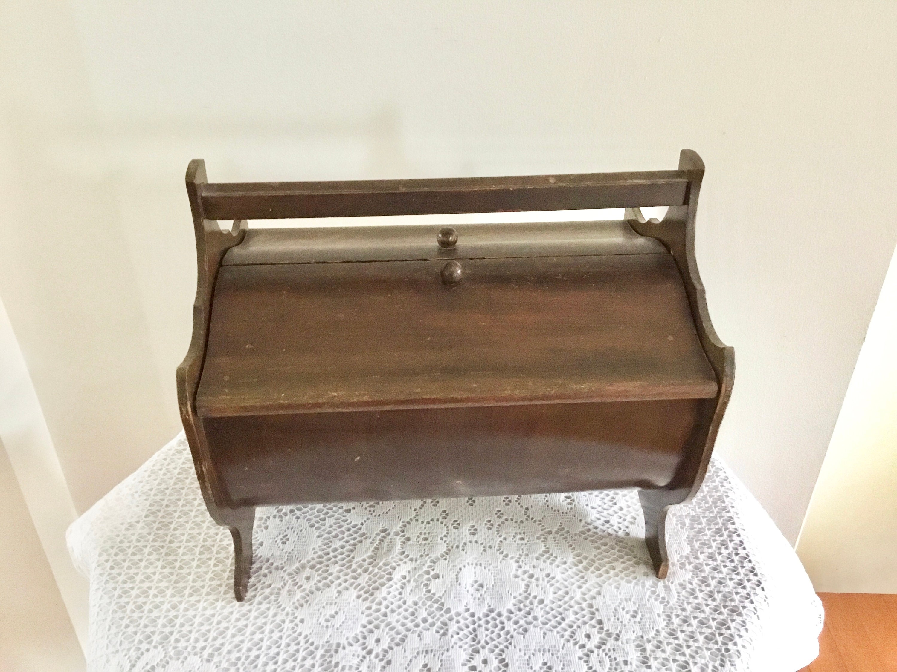 Vintage Wooden Sewing Box, Storage Basket, Gift for Her or for a Girl 