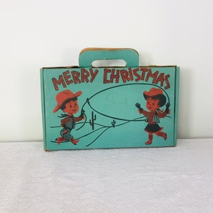 Vintage Christmas Holiday Gift Box with Handles. Printed cardboard box.