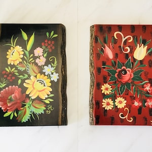 Vintage Pair of Hand-painted Russian Floral wall hanging plaster plaque