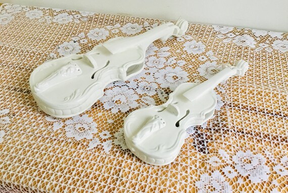 Vintage Decorative Ceramic Italian White Violin With Pink Flowers  