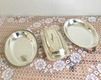 Lots of 3 Vintage Silver Plated Small Oval Serving Dish / Tray and Butter Dish Set