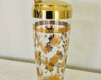Vintage 60s Culver 22k Gold Trim Floral Cocktail Shaker