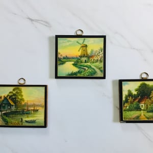 Set of 3 Small Vintage Mini Wooden Plaque Pictures Wall Hanging Decor ~ Windmill, Lake, Country Garden Scene