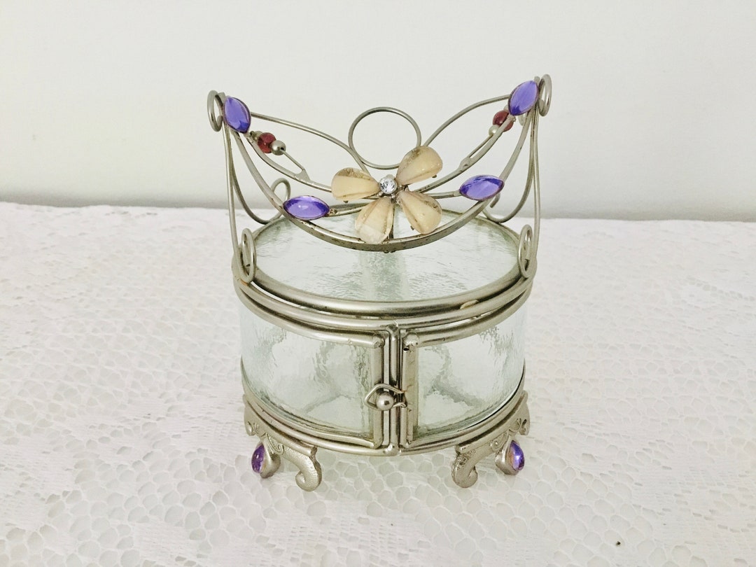 Small Round Glass Jewelry / Trinket Box, Flowers Purple Beads Etsy