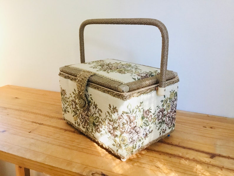 Vintage Tapestry Sewing Box Basket With Handle Plastic Divider Built in