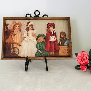 Vintage Wood 17” Serving Tray Victorian Dolls Print Picture - Victorian Home Decor