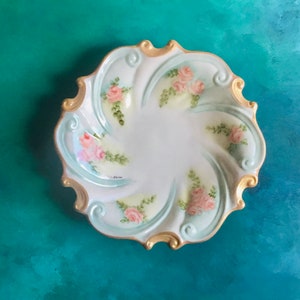 Vintage Pink Roses Ruffles Edge Hand Painted Porcelain trinket Tray, 9” Wall Decor Dish DIY