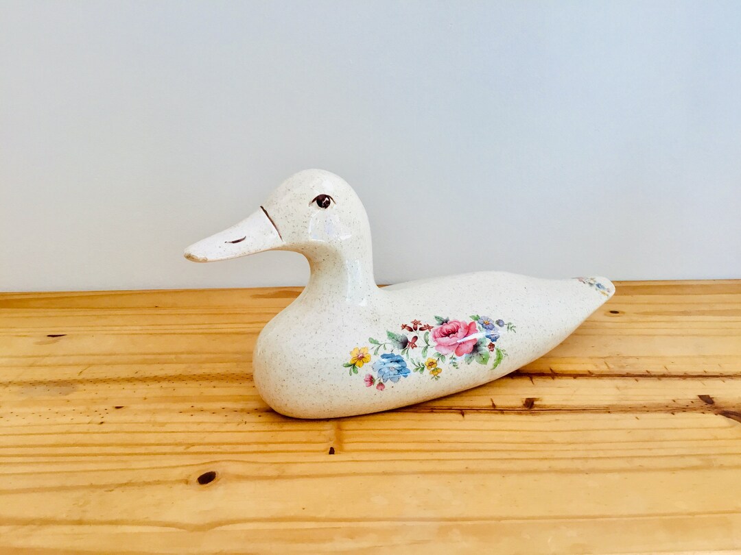 Vintage Ceramic White Duck With Floral Decoration Figurine Etsy