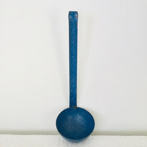Vintage Blue & White Speckled Enamelware Soup Ladle Rustic Farmhouse Deco