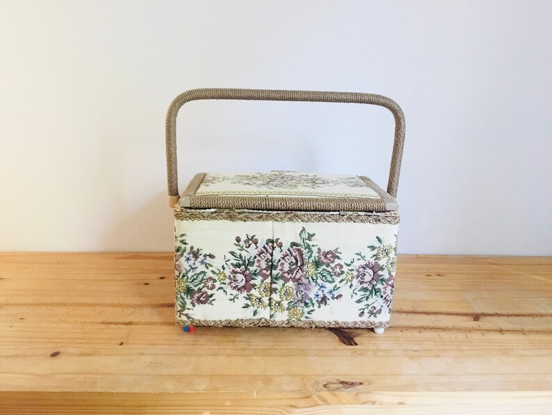 Vintage Tapestry Sewing Box Basket With Handle Plastic Divider Built in