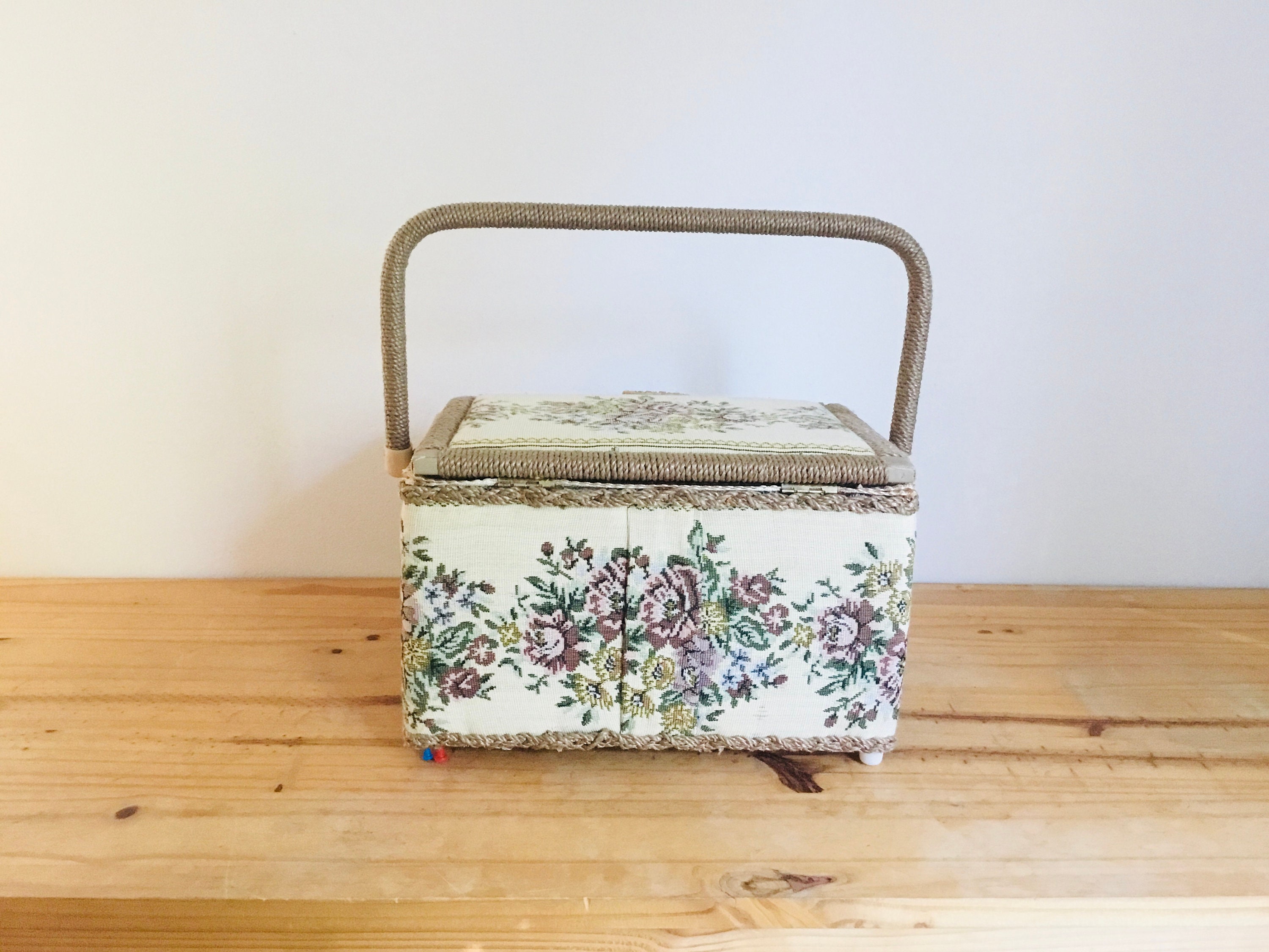 Vintage Tapestry Brass Large Craft Storage Organizer Sewing Box