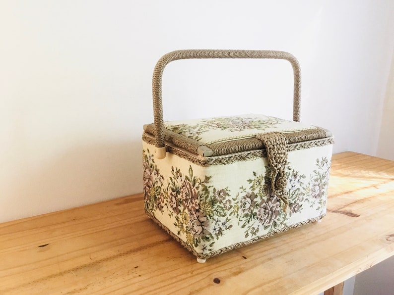 Vintage Tapestry Sewing Box Basket With Handle Plastic Divider Built in