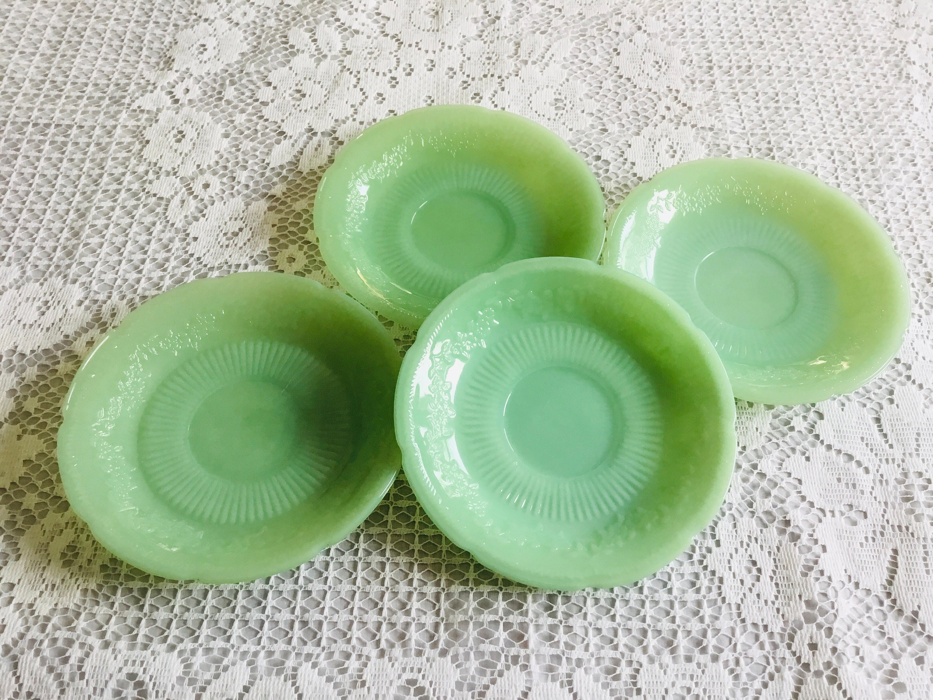 vintage Fire King jadeite saucer plates, Alice pattern flowers jadite dishes