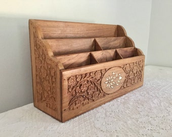 Vintage Handmade Wooden Hand Carved Floral Wood Mail Holder Desk Organizer