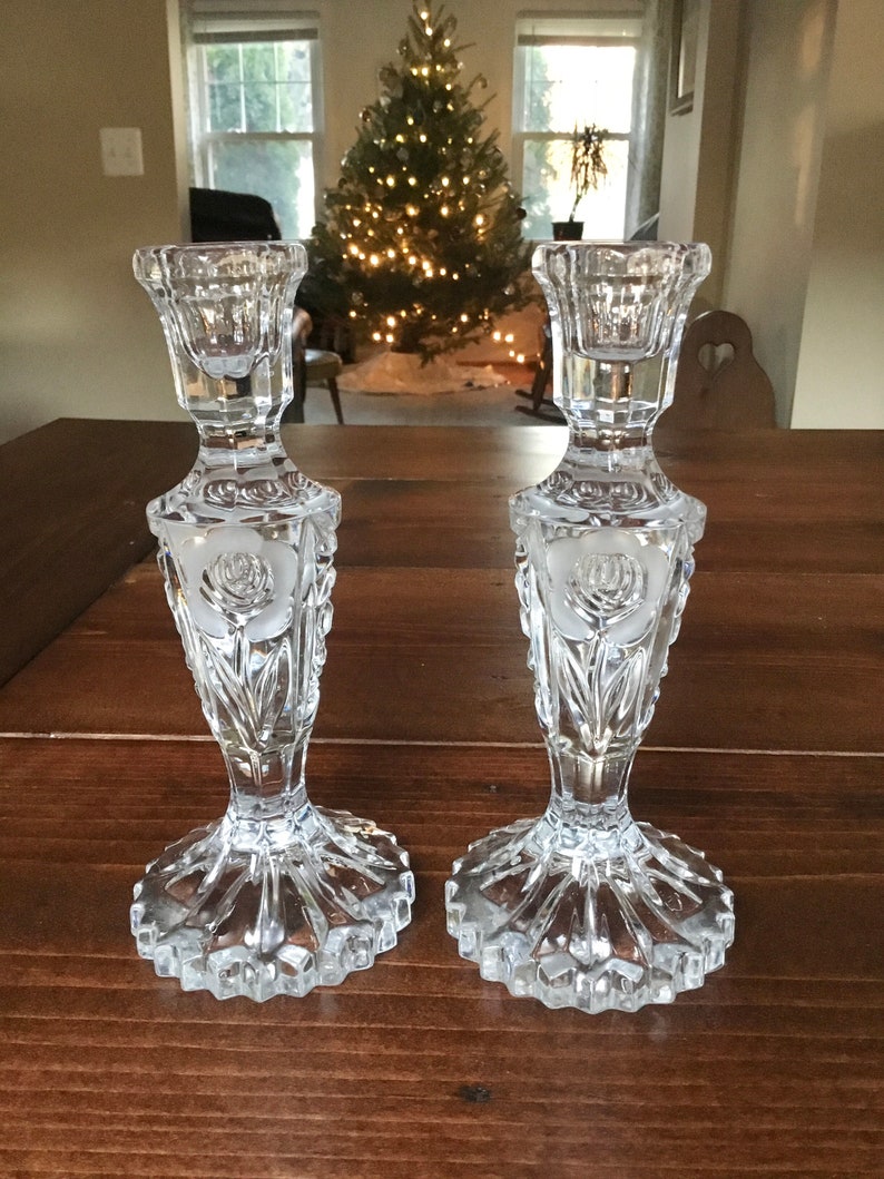 Vintage Heavy Lead Crystal Cut Glass Candlestick With Frosted Etsy