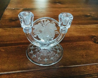 Vintage Clear Glass Double Armed Candelabra Candle Stick Holders