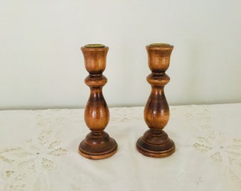 Pair of Vintage Wooden Candlestick Taper Holders, Farmhouse