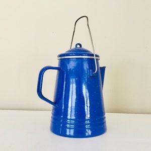 Vintage Blue Enamel Kettle Coffee Pot Plants Decor Retro Kitchen