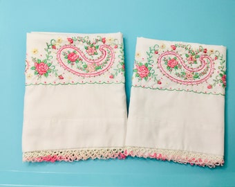 Pair of Vintage White hand embroidery Crocheted Pillowcases - Pink Roses