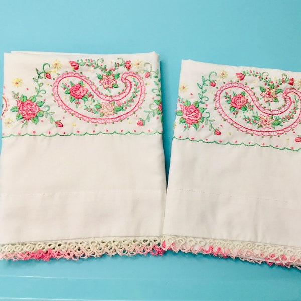 Pair of Vintage White hand embroidery Crocheted Pillowcases - Pink Roses