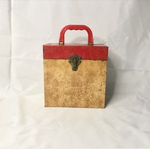 Vintage Red/Cream/Brown 7” 45 RPM Metal Vinyl Record Storage Box Case