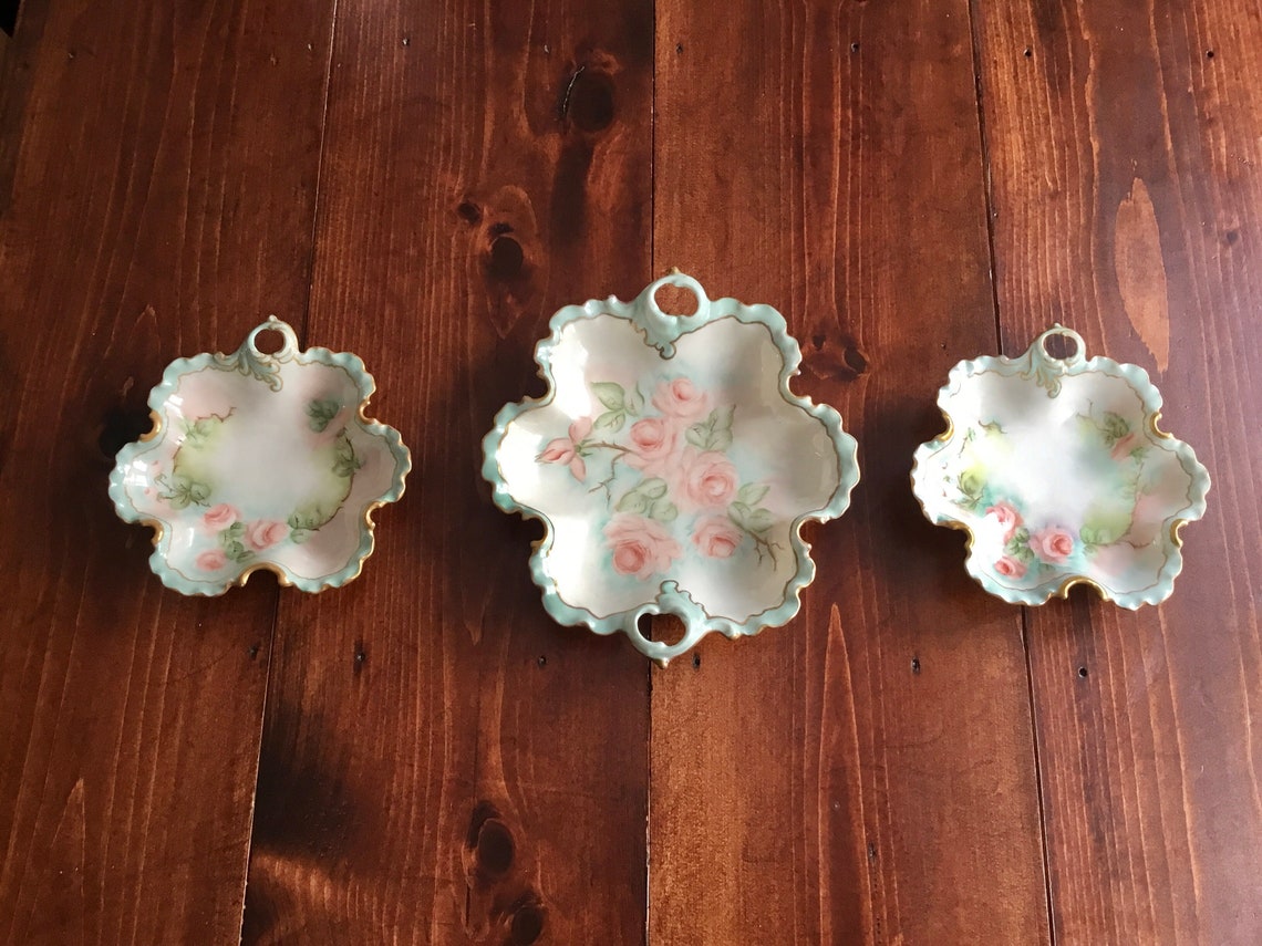 Set of 3 Vintage Victorian Ruffles Edge Hand Painted Porcelain - Etsy