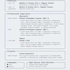 May include: A resume for Jane Doe, a Software Engineer. The resume lists her education, professional experience, projects, languages, links, and contact information.