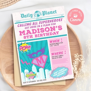 Editable Superhero Newspaper Invitation, Superhero Birthday Invitation, Superhero Girl Invitation, Girl Superhero Comic Invite, Canva