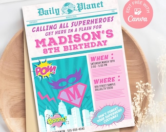 Invitación de cumpleaños de superheroína, estilo cómic, en formato Canva editable (descarga digital).