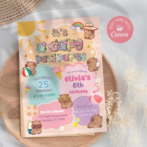 Pool Party Capybara Birthday Invitation, Summer Capy Birthday Invite, Animals Kid&#39;s Birthday Girl Theme Template, Canva Editable Template